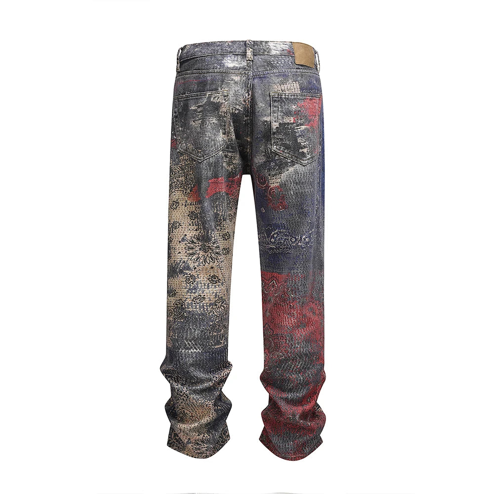 Abstract Print Distressed Casual Baggy Jeans