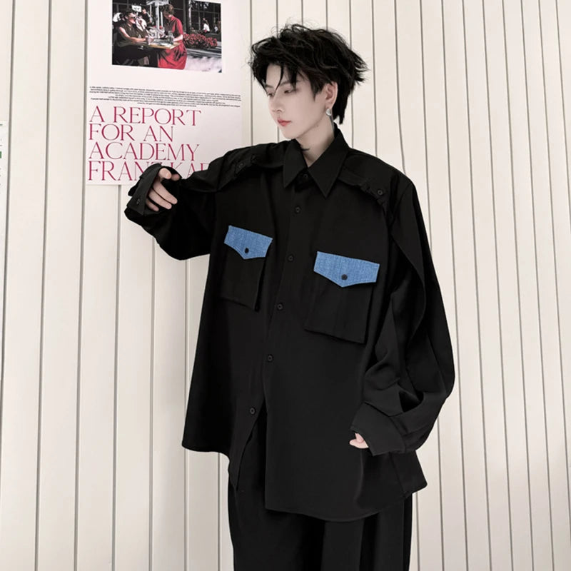 Black Patchwork Pockets Long-Sleeved Shirt
