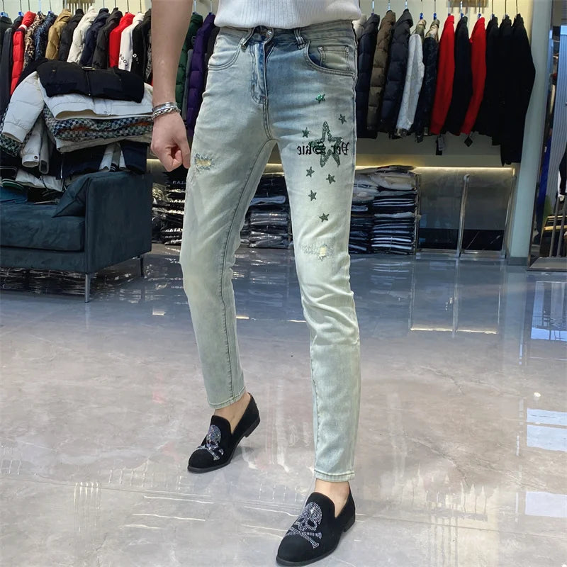 Light Blue Street Fashion Star Letter Jeans