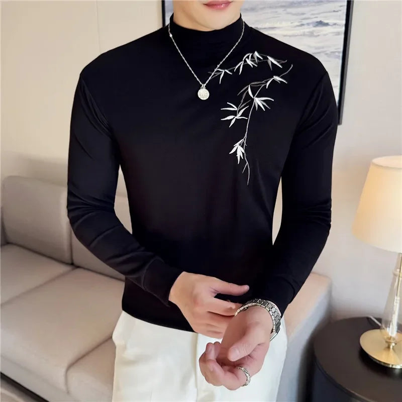 Solid Embroidered Turtleneck T-Shirt