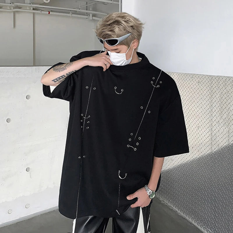 Round Neck Metal Rivets Decoration T-Shirt
