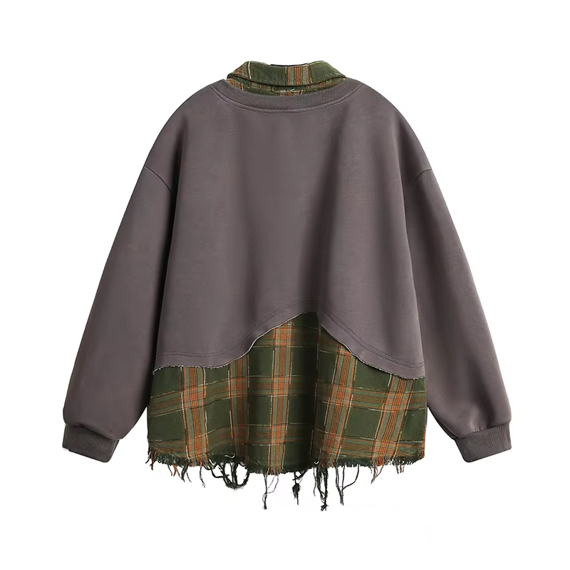 Plaid Letter Embroidery Patchwork Oversize Sweatshirt