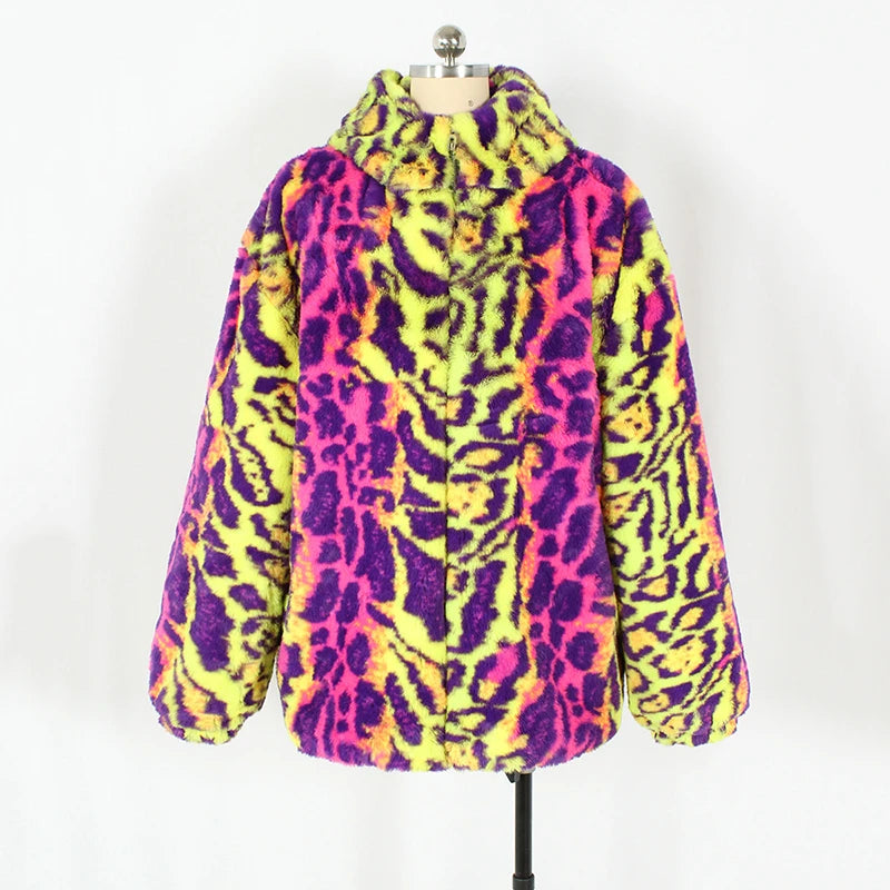 Colorful Leopard Print Plush Warm Jacket
