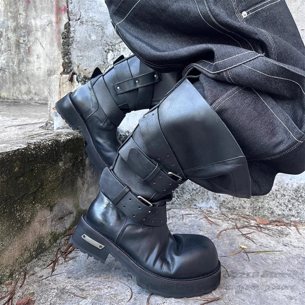 Big Round Toe Belt Buckle Motorcycle Boots