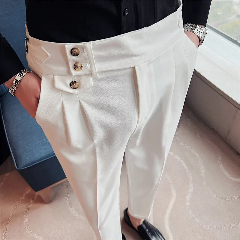 Solid Casual High Waist Button Trousers