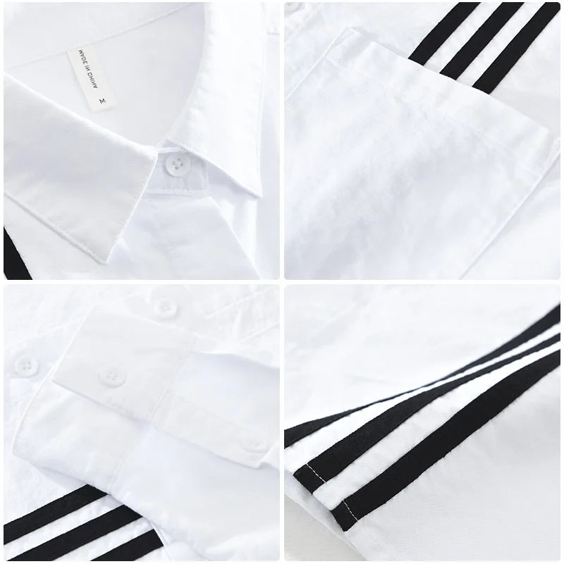Cotton Long Sleeve Solid-Stripes Shirt