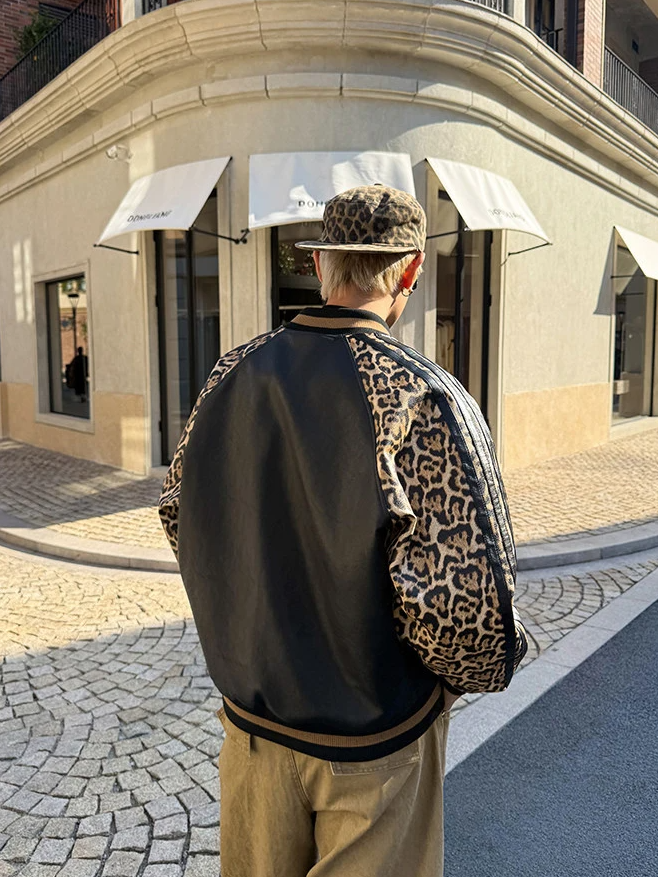 Leopard Patchwork Leather Bomber Jacket