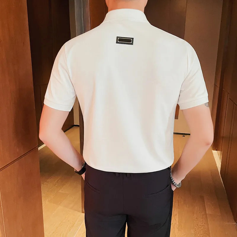 Patchwork Buckle Shoulder Solid Polo Shirt