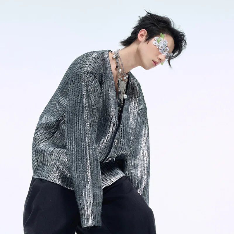 Deep V-Neck Silver Knitted Loose Cardigan