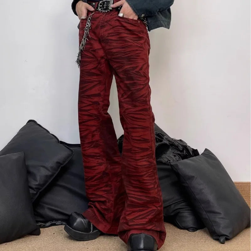 High Waist Red Print Straight Jeans