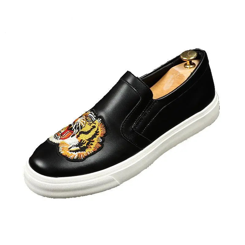 Tiger Embroidery Microfiber Black Loafers