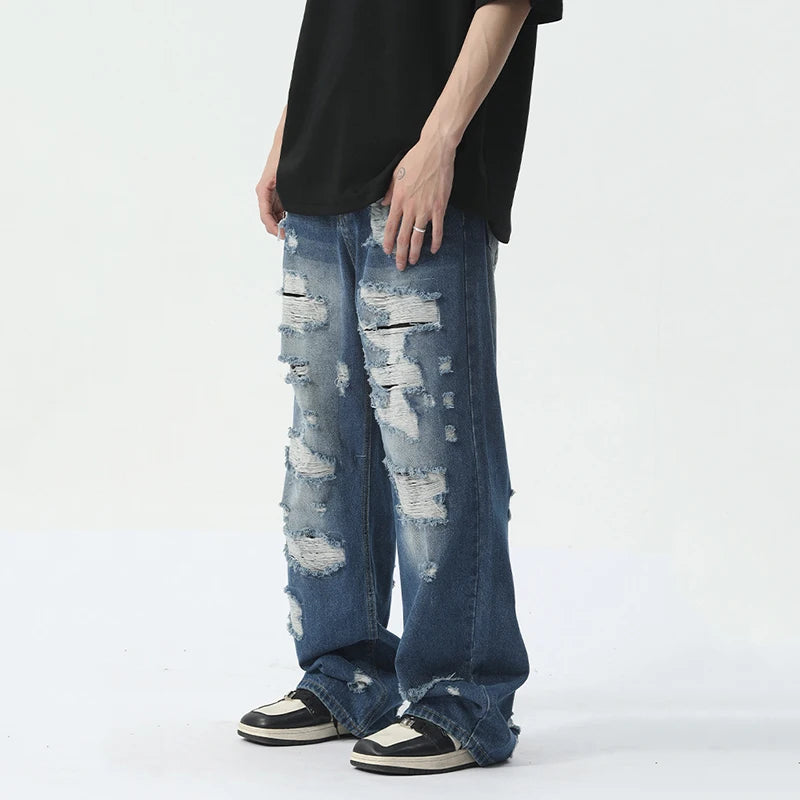 Blue Denim Ripped Loose Decor Jeans