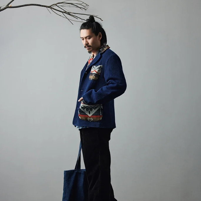 Retro Blue Dye Lapel Thick Jacket