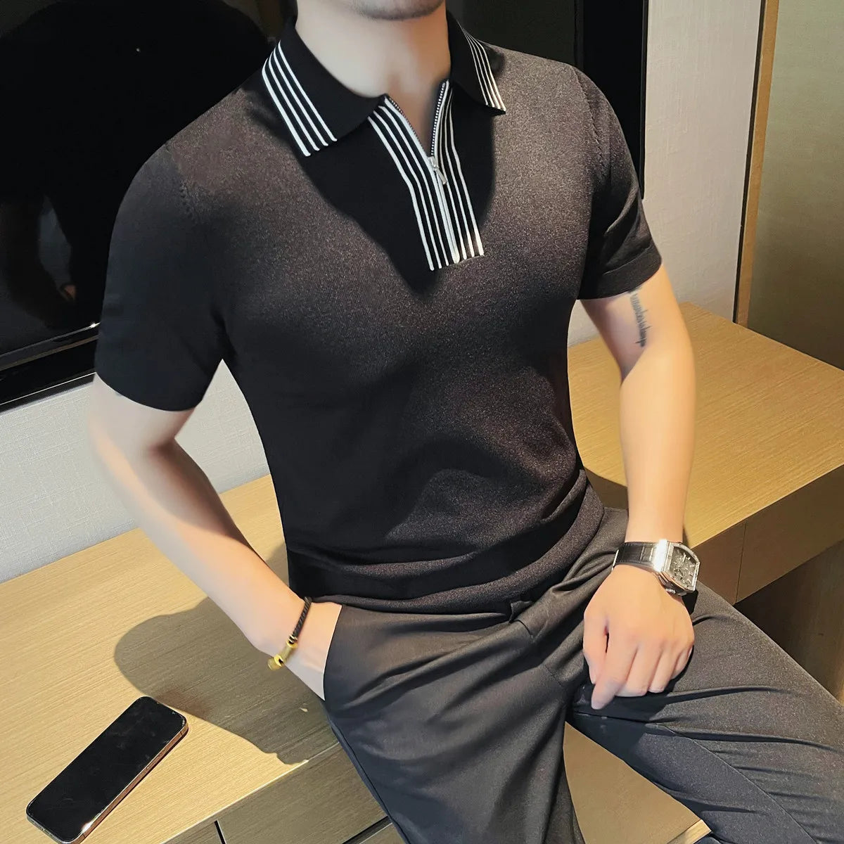 Striped Lapel Slim-Fit Men Polo Shirt