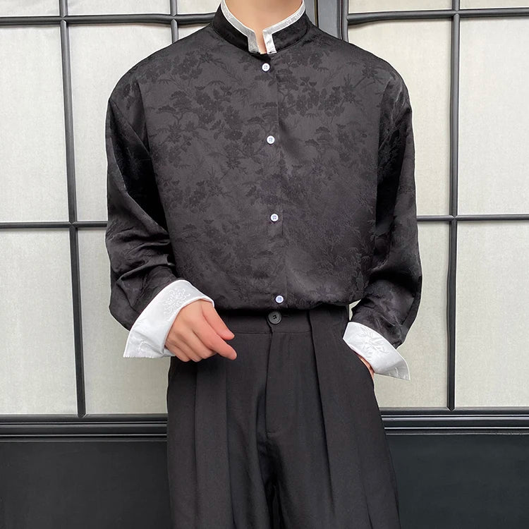 Chinese Contrasting Color Stand Collar Shirt