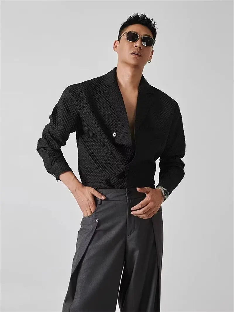 Waffle Suit Collar Long Sleeved Shirt