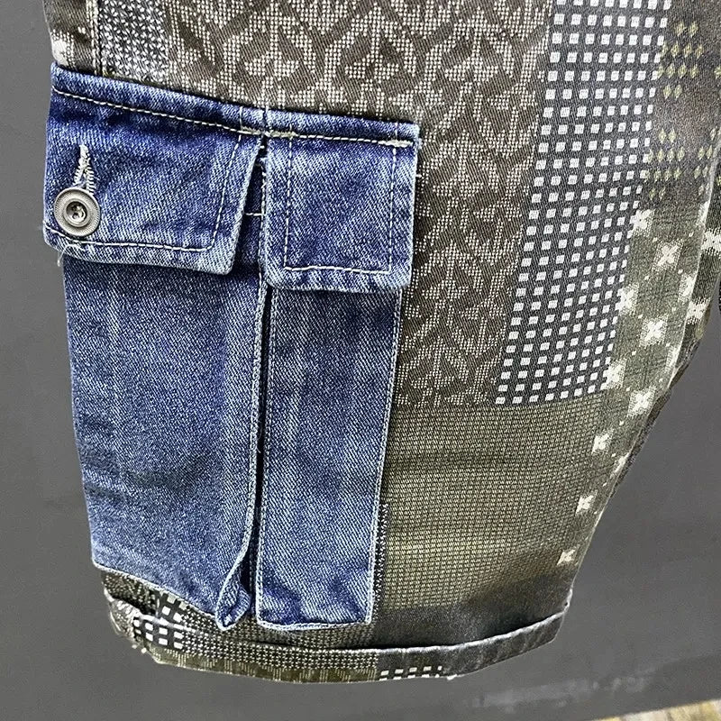 Printed Patchwork Design Denim Shorts