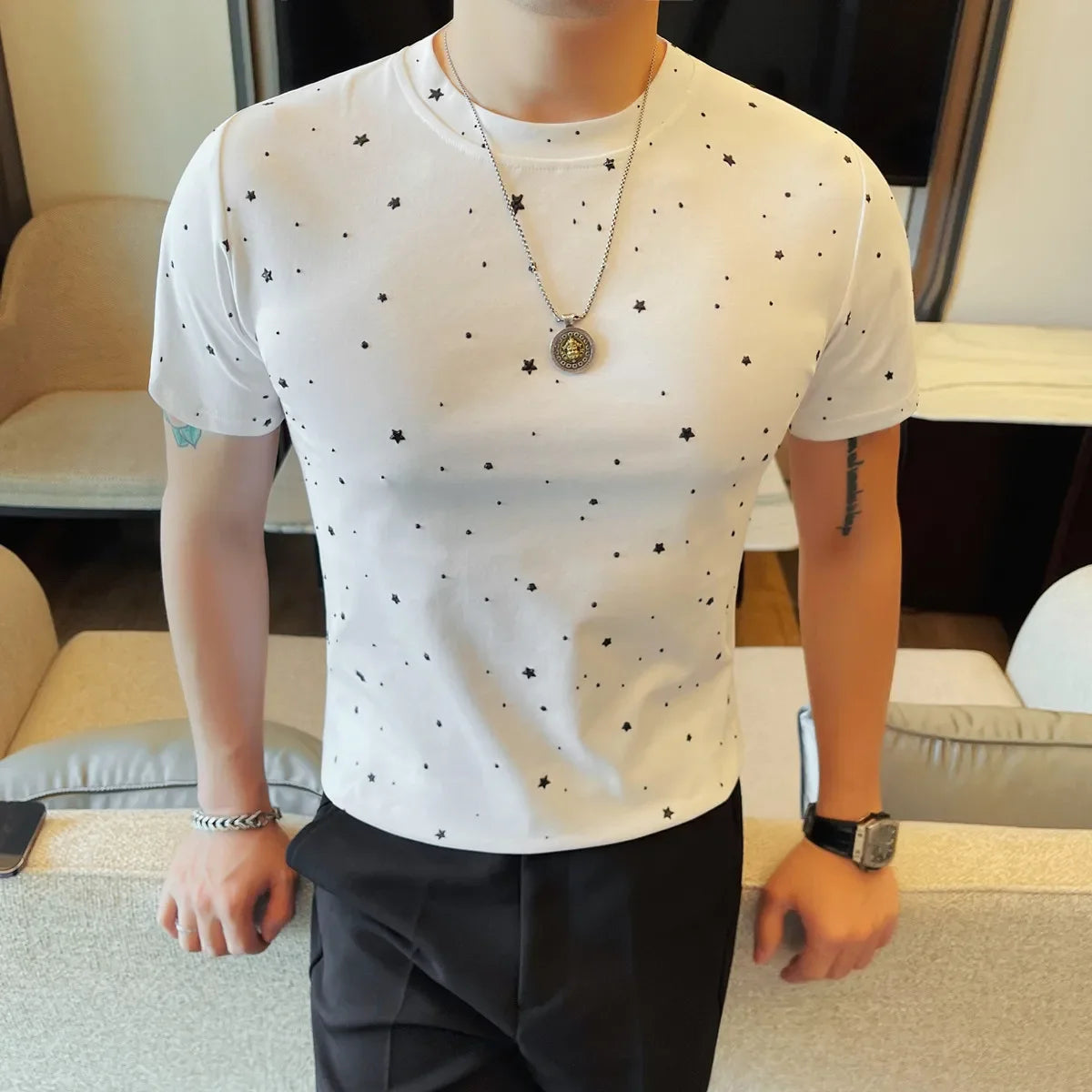 Star Sprinkled Slim-Fit Casual Tee