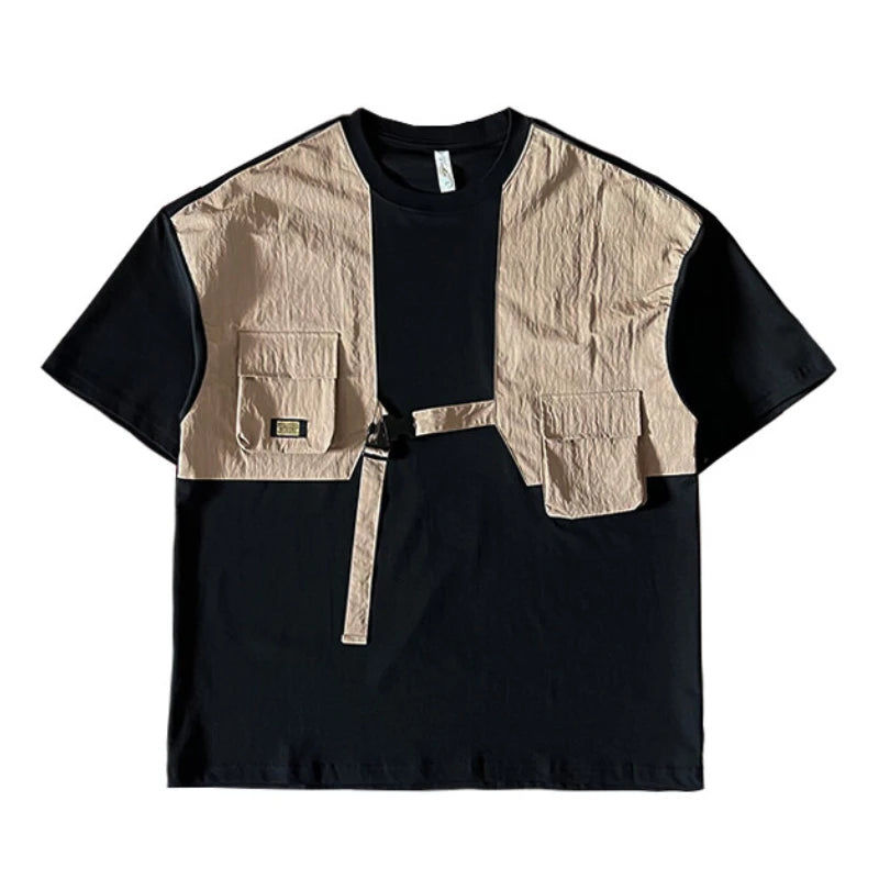 Splicing Workwear Casual Round Neck T-Shirt