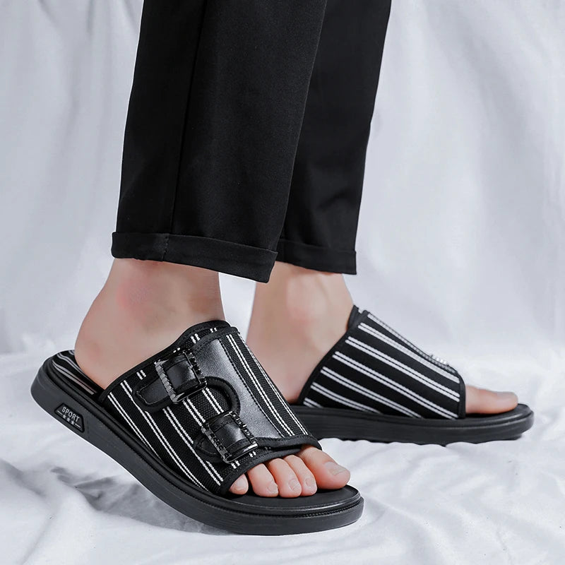 Black Stripes Pattern Canvas Slippers