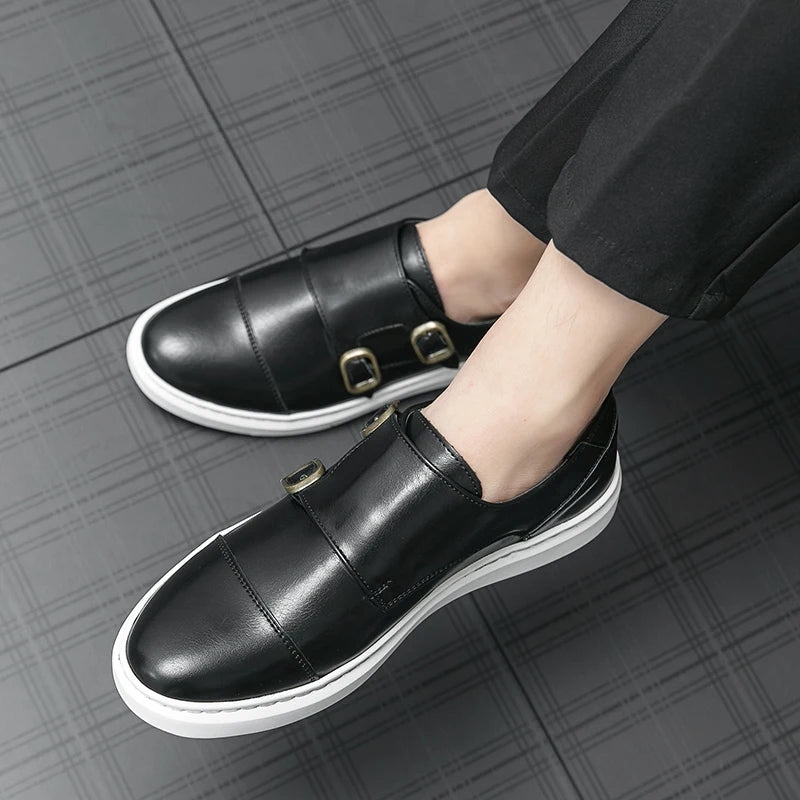 Double Buckle Casual Men Leather Shoes