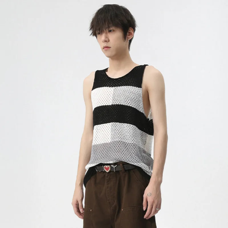 Color Block Knitted Hollow-Out Tank Top