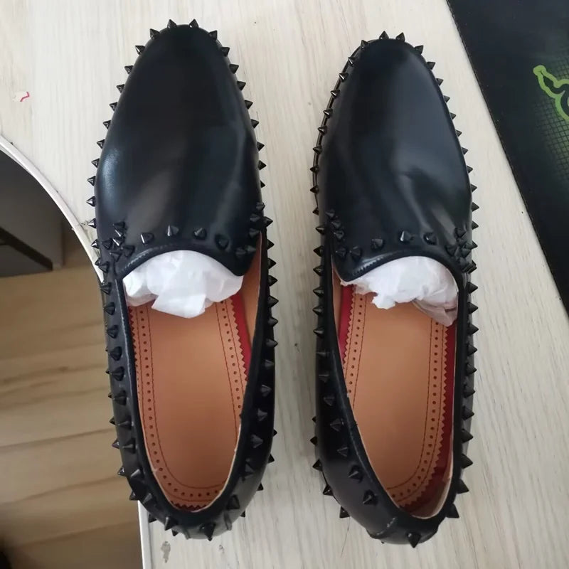 Black Genuine Leather Men Spiked Loafers