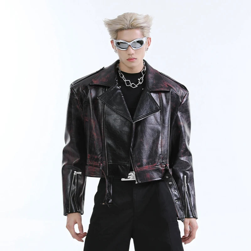 Lapel Collar Zipper with Belt Leather Jacket