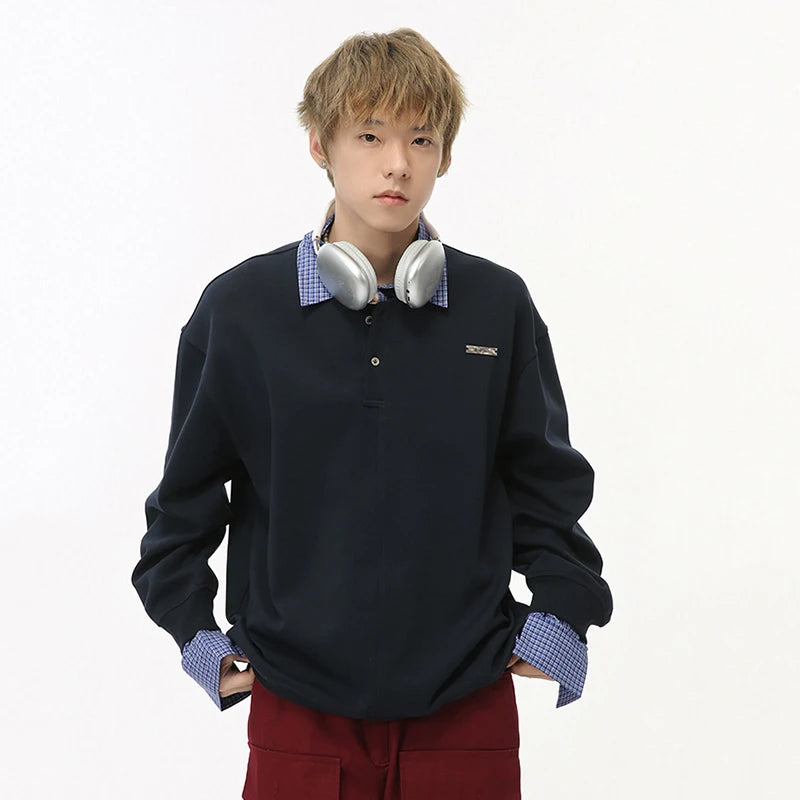 Plaid Patchwork Fake Two-piece Loose Sweatshirt