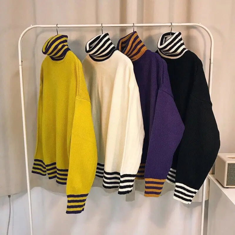 Knitted Striped Turtleneck Loose Sweater