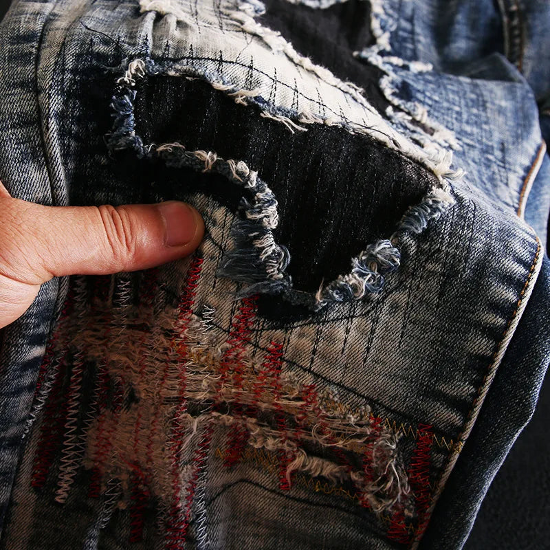 Abstract Ripped Patch Embroidered Jeans