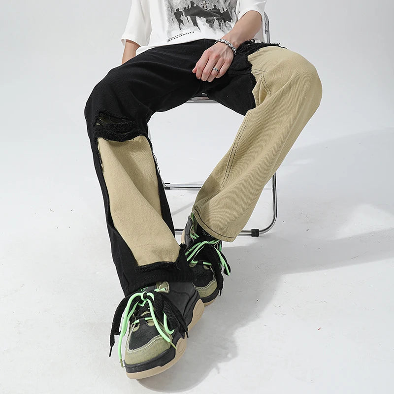 Patchwork Contrast Color Straight Jeans