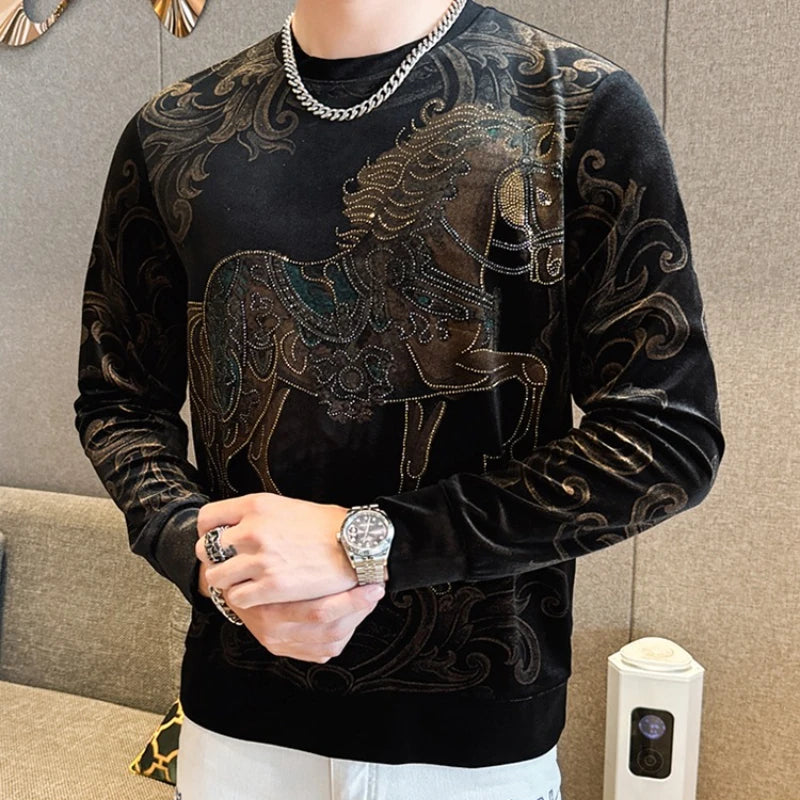 Horse Pattern Rhinestone Velvet Sweatshirts
