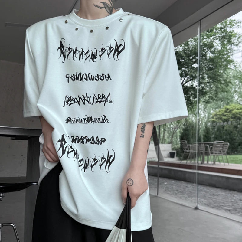 Letter Printed Rivet Metal Decorate T-Shirt