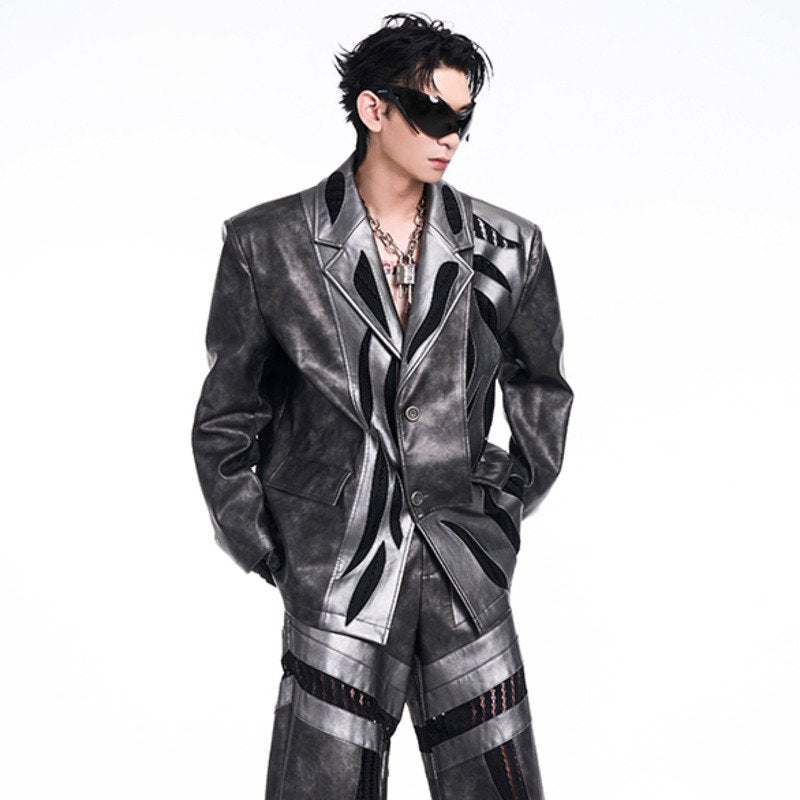Spliced Hollow Mesh Leather Men's Suit