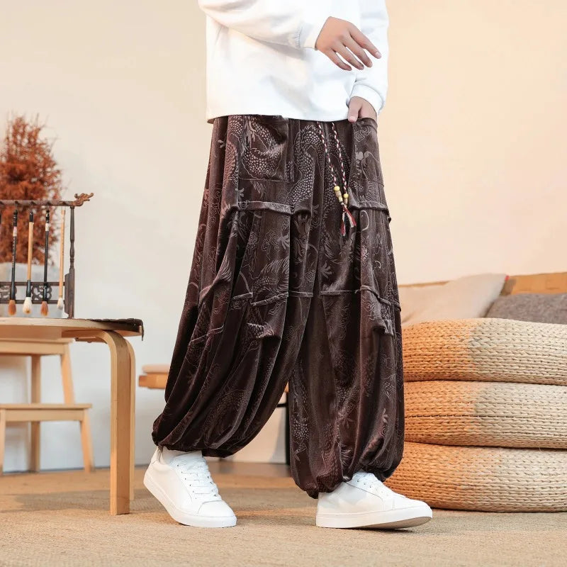 Velvet Dragon Print Loose Pants