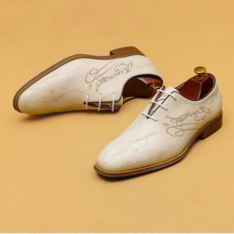 Handwritten Letter Pattern Leather Shoes