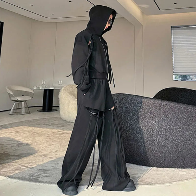 Hollowed Out Strap Hoodie Pants Set