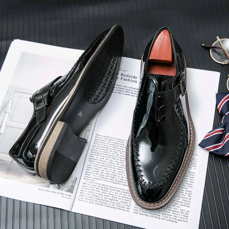 Crocodile Embossed Monk Buckle Loafers