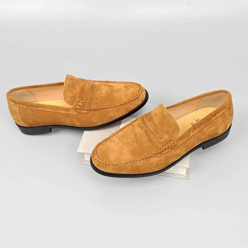 Solid Yellow Brown Suede Loafers