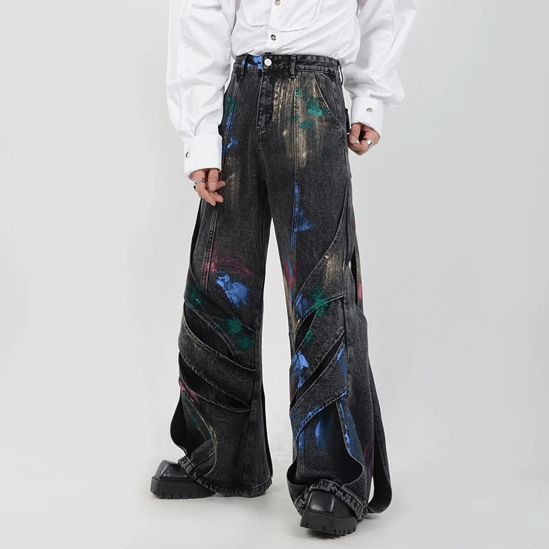 Black Color Paint Decor Loose Jeans