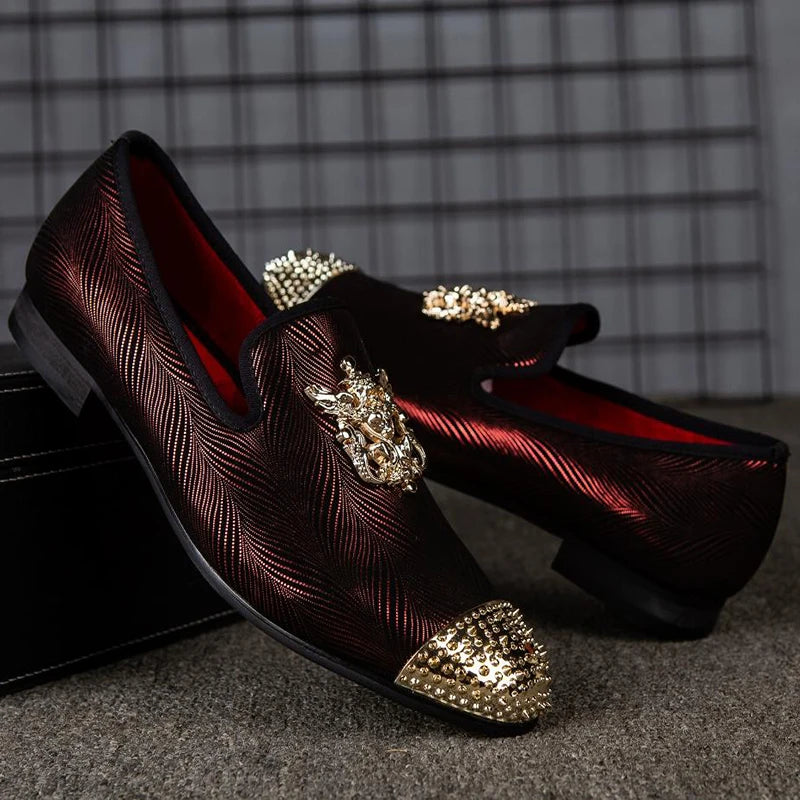 Red Steel-Toed Metal Appliques Loafers