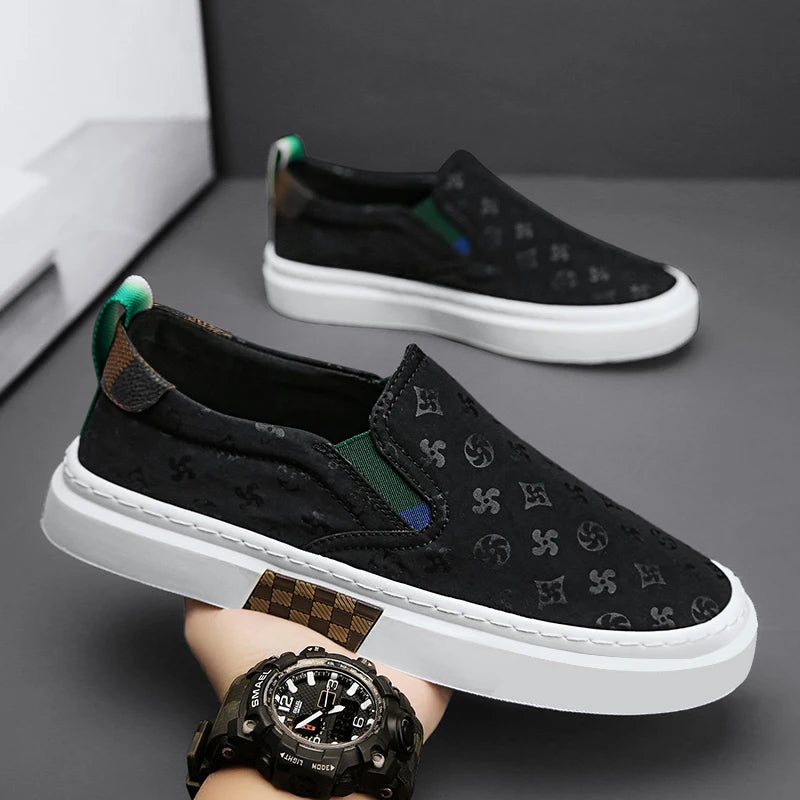 Black Geometric Pattern Slip-On Sneakers