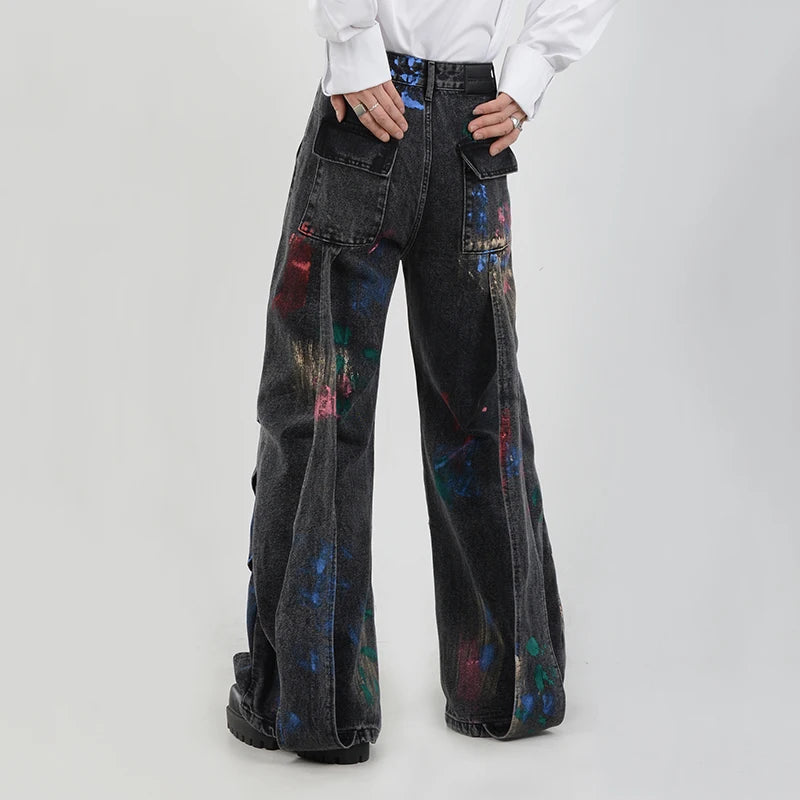 Black Color Paint Decor Loose Jeans