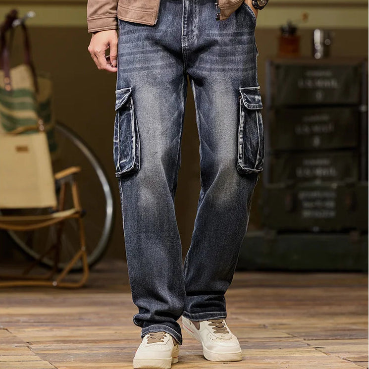 Washed Color Straight Cargo Jeans