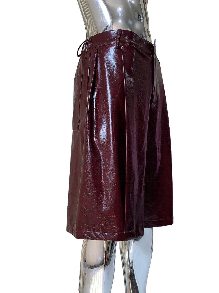 Shiny Burgundy Leather Straight Shorts