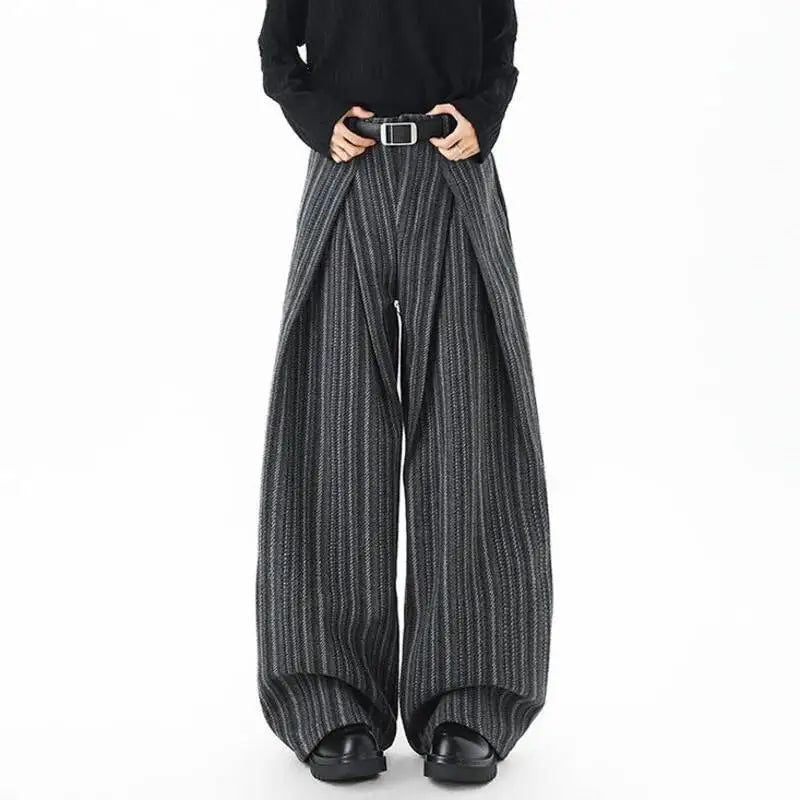 Striped Woolen Pleated Wide-Leg Trousers