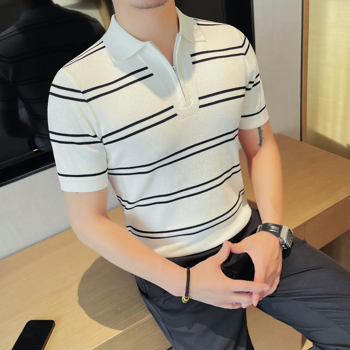 Casual Striped Knitted Short-Sleeved Polo Shirt