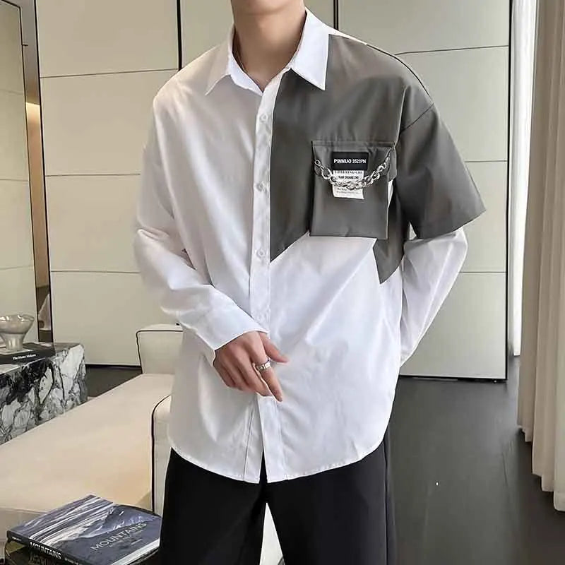 Loose Contrast Color Patchwork Chain Shirt