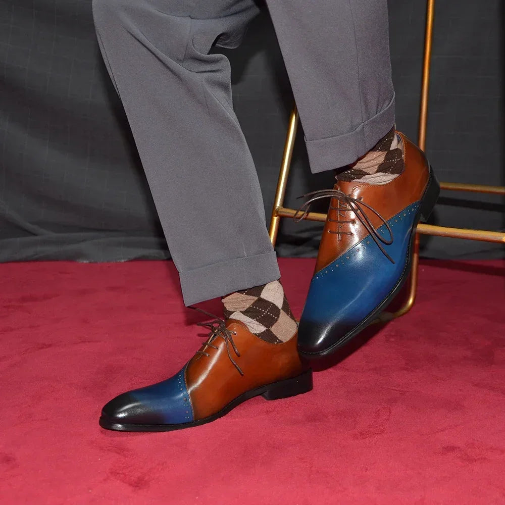 Pointed Toe Lace-up Brown Blue Shoes